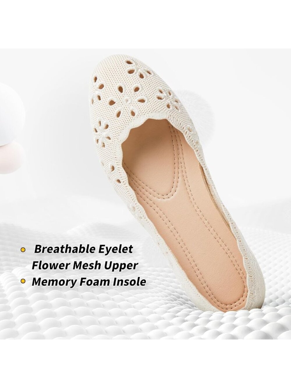 Women's Nude Mesh Floral Ballet Flats Comfortable Slip On Casual Walking Shoes - Picture 3 of 6